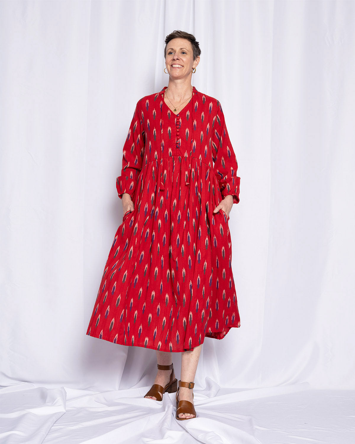 Arabella Resort Dress - Long Sleeve - Crimson Ikat