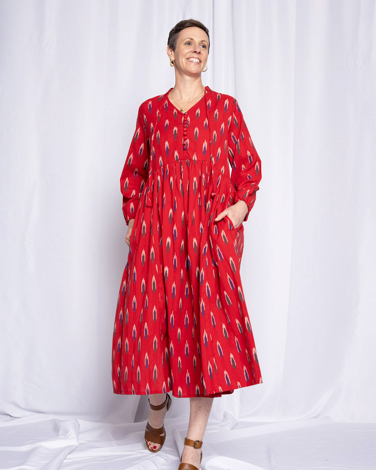 Arabella Resort Dress - Long Sleeve - Crimson Ikat
