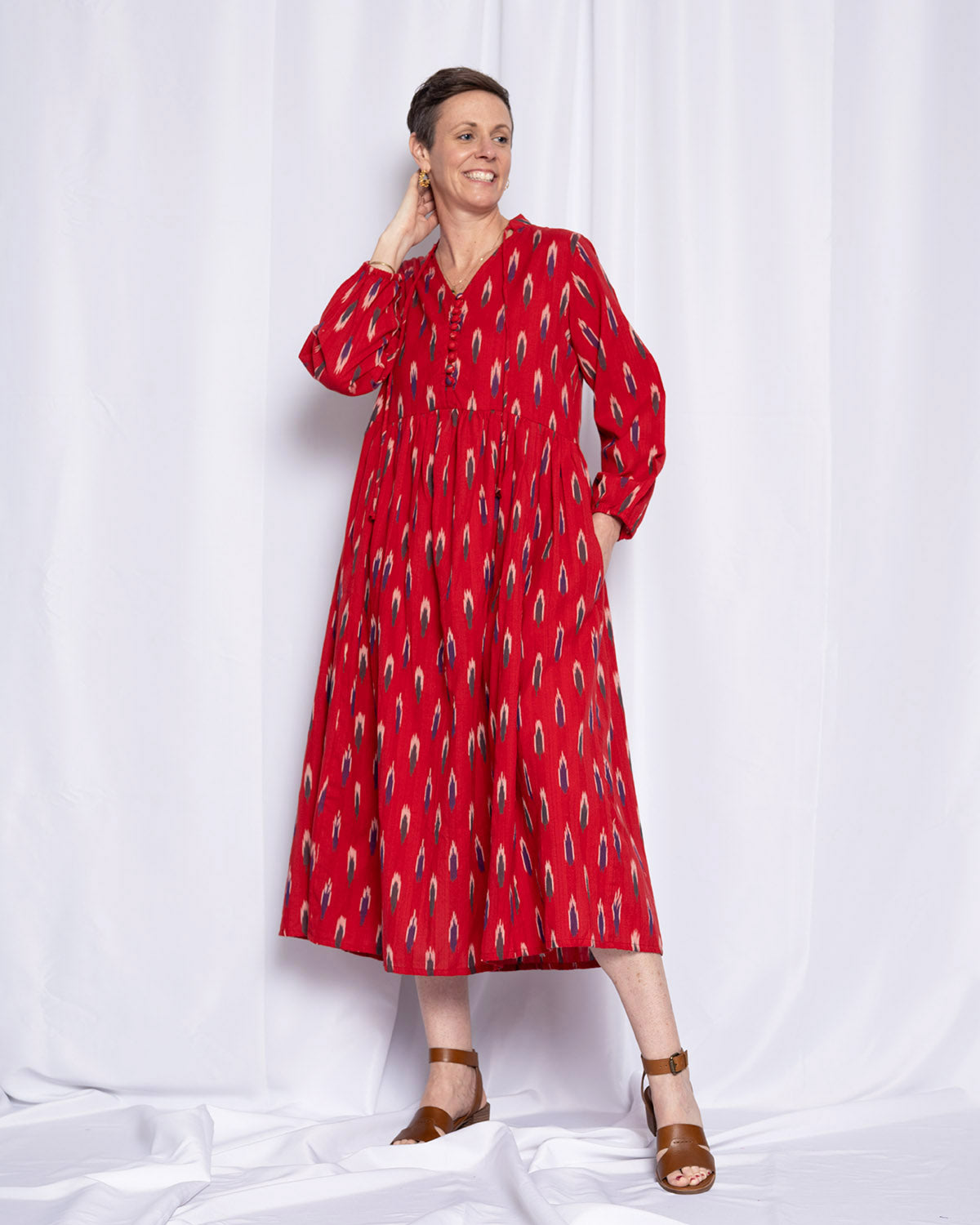 Arabella Resort Dress - Long Sleeve - Crimson Ikat