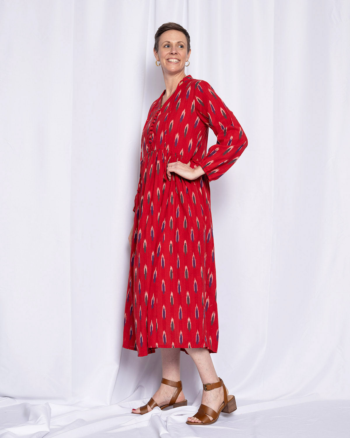 Arabella Resort Dress - Long Sleeve - Crimson Ikat