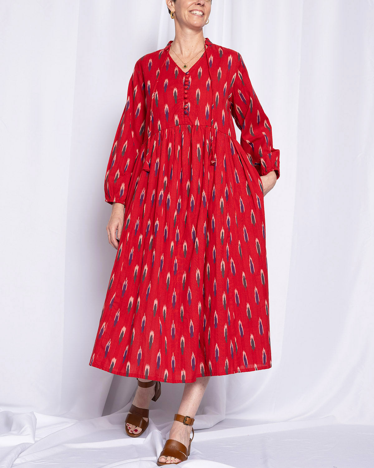 Arabella Resort Dress - Long Sleeve - Crimson Ikat