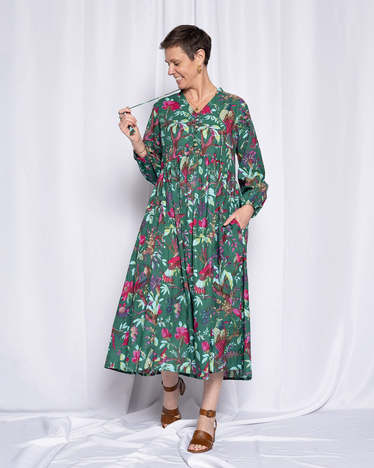 Arabella Resort Dress - Long Sleeve - Emerald Rainforest