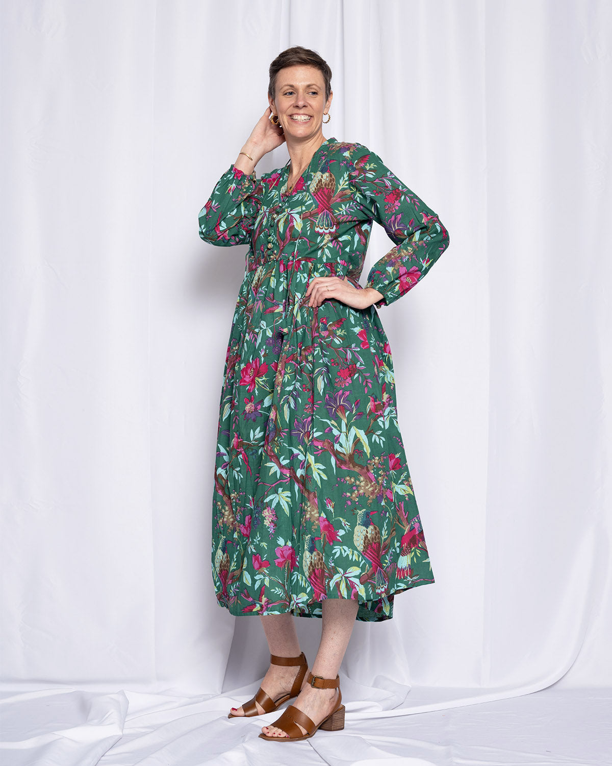 Arabella Resort Dress - Long Sleeve - Emerald Rainforest