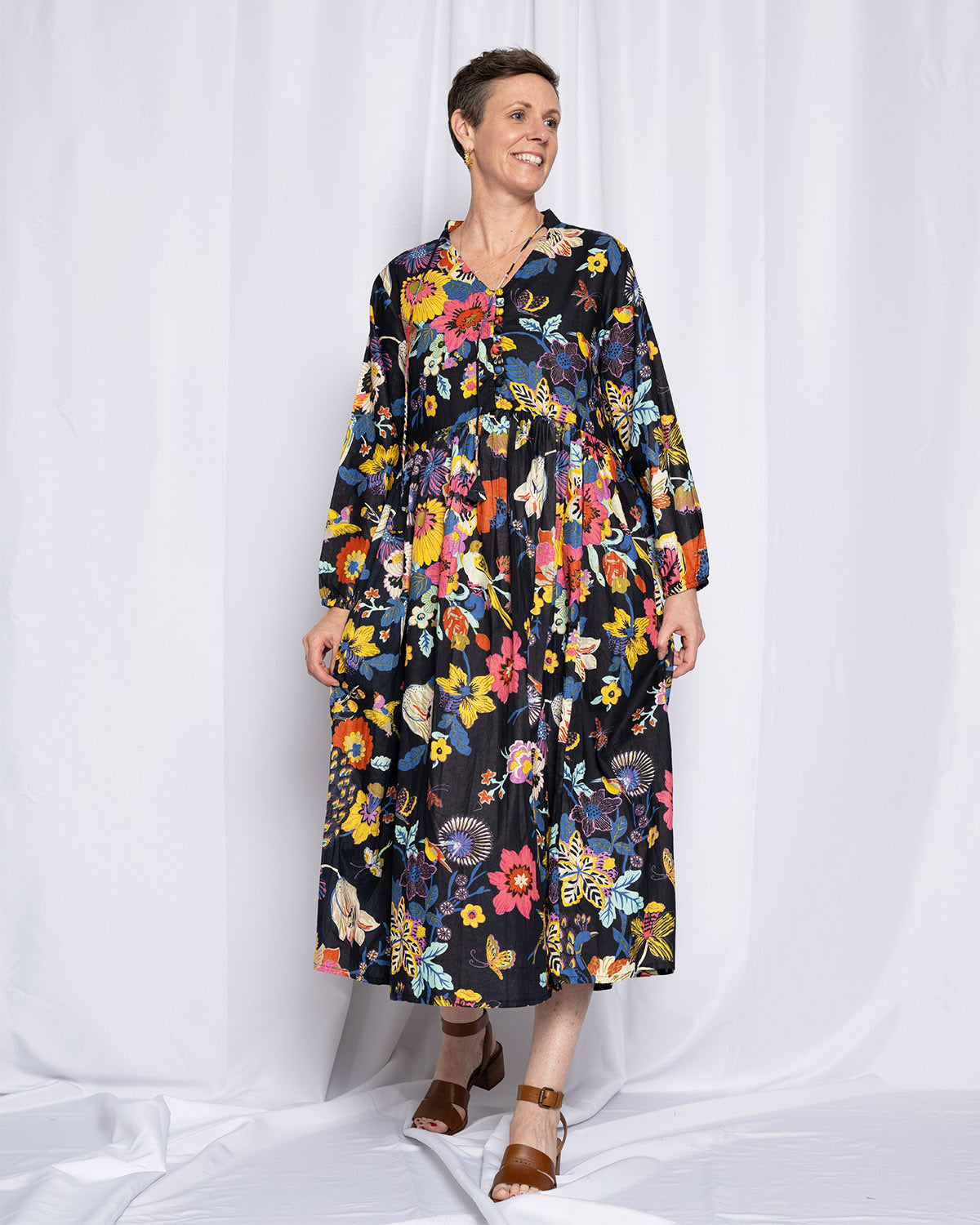 Arabella Resort Dress - Long Sleeve - Obsidian Bloom