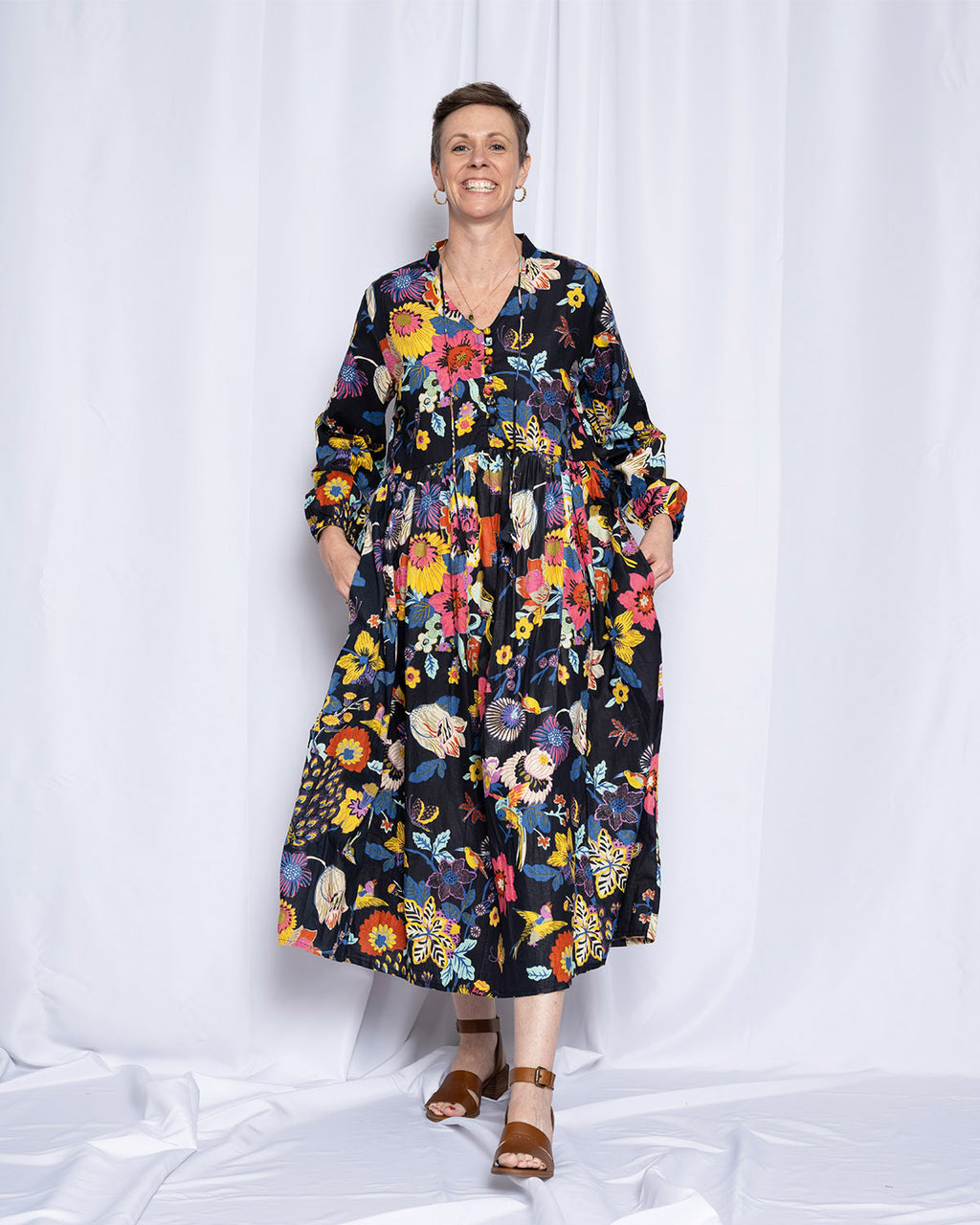 Arabella Resort Dress - Long Sleeve - Obsidian Bloom