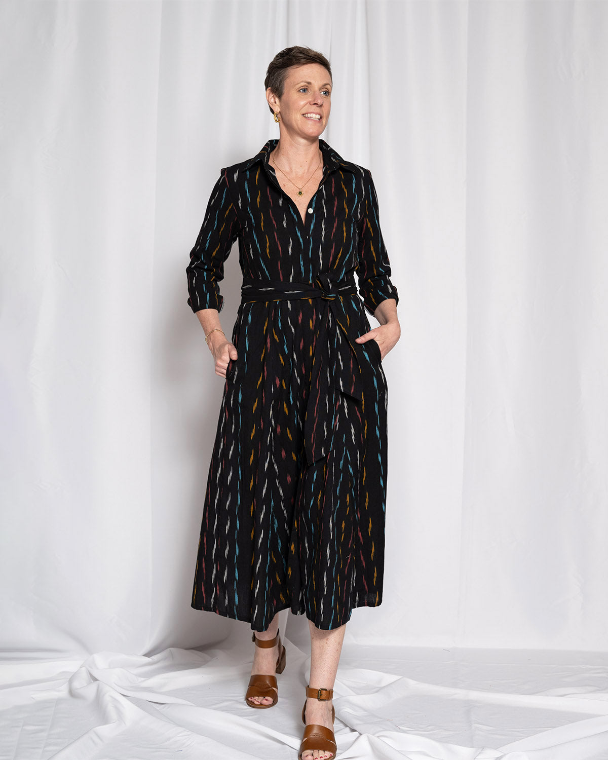 Elena Long Sleeve Shirt Dress - Midnight Ikat