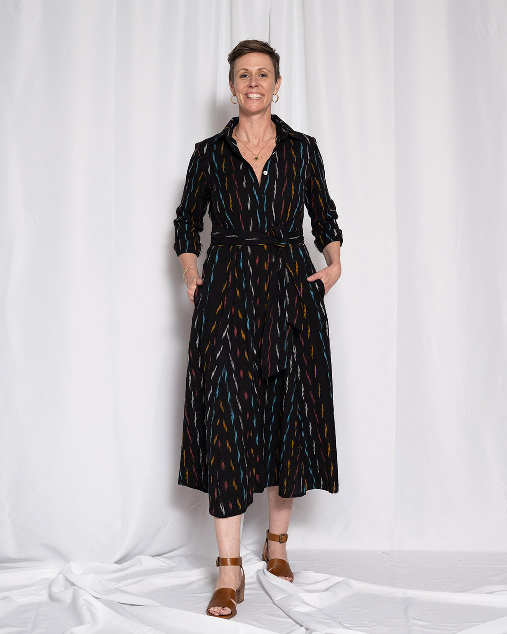 Elena Long Sleeve Shirt Dress - Midnight Ikat