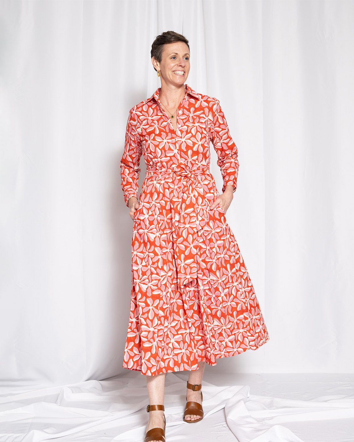 Elena Long Sleeve Shirt Dress - Papaya Bloom
