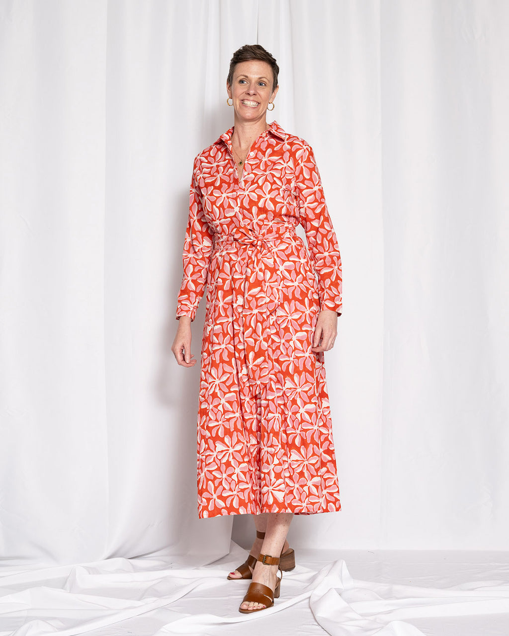 Elena Long Sleeve Shirt Dress - Papaya Bloom