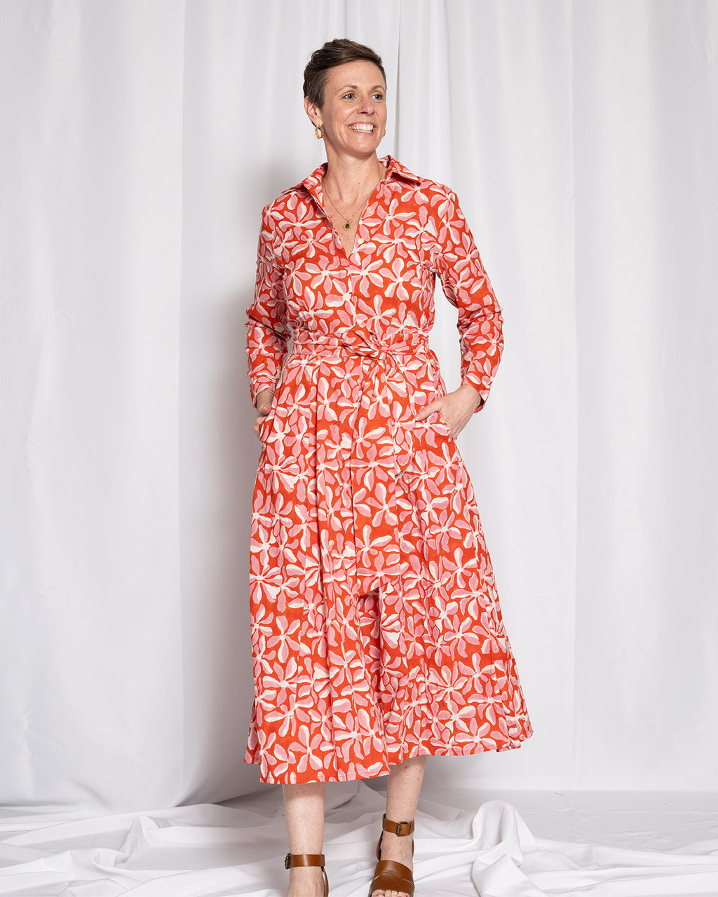 Elena Long Sleeve Shirt Dress - Papaya Bloom