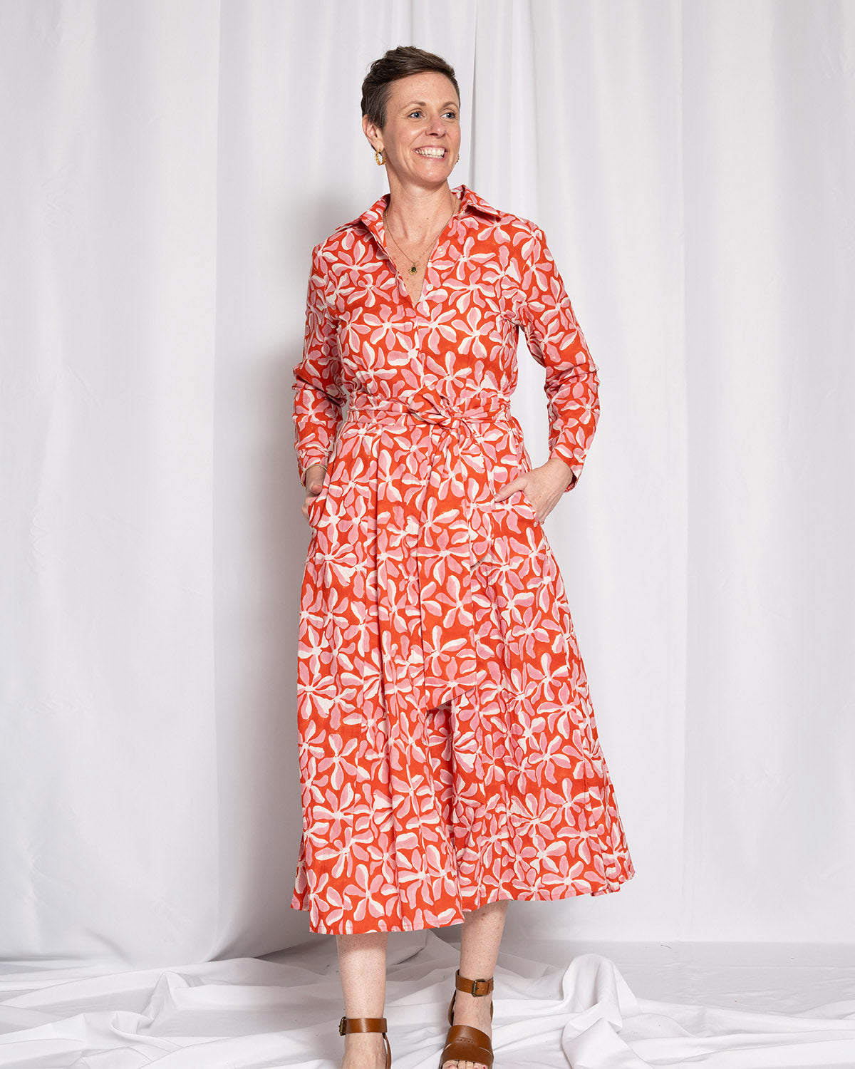 Elena Long Sleeve Shirt Dress - Papaya Bloom