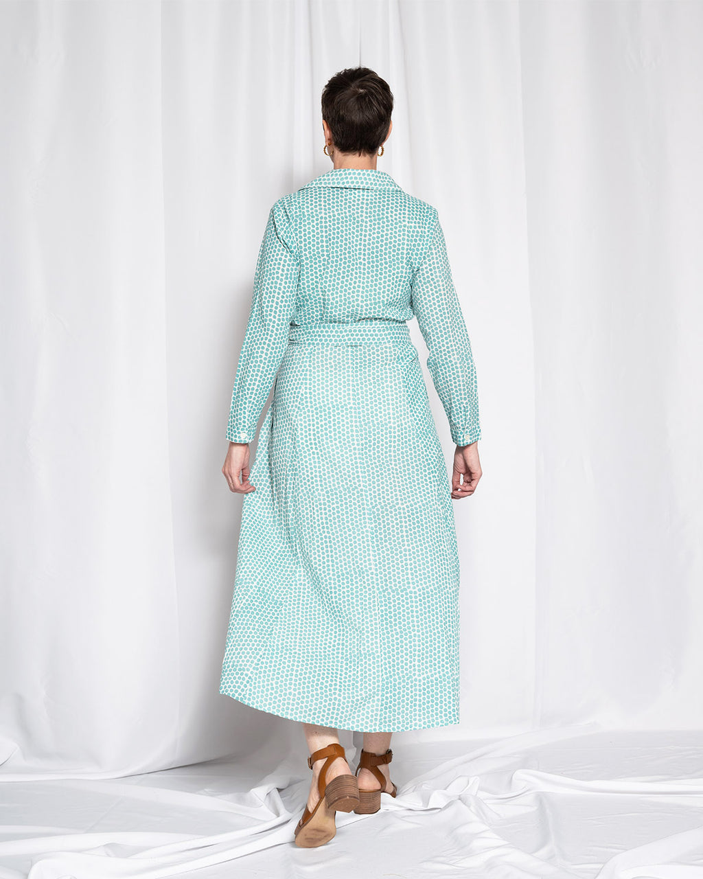 Elena Long Sleeve Shirt Dress - Teal Dot