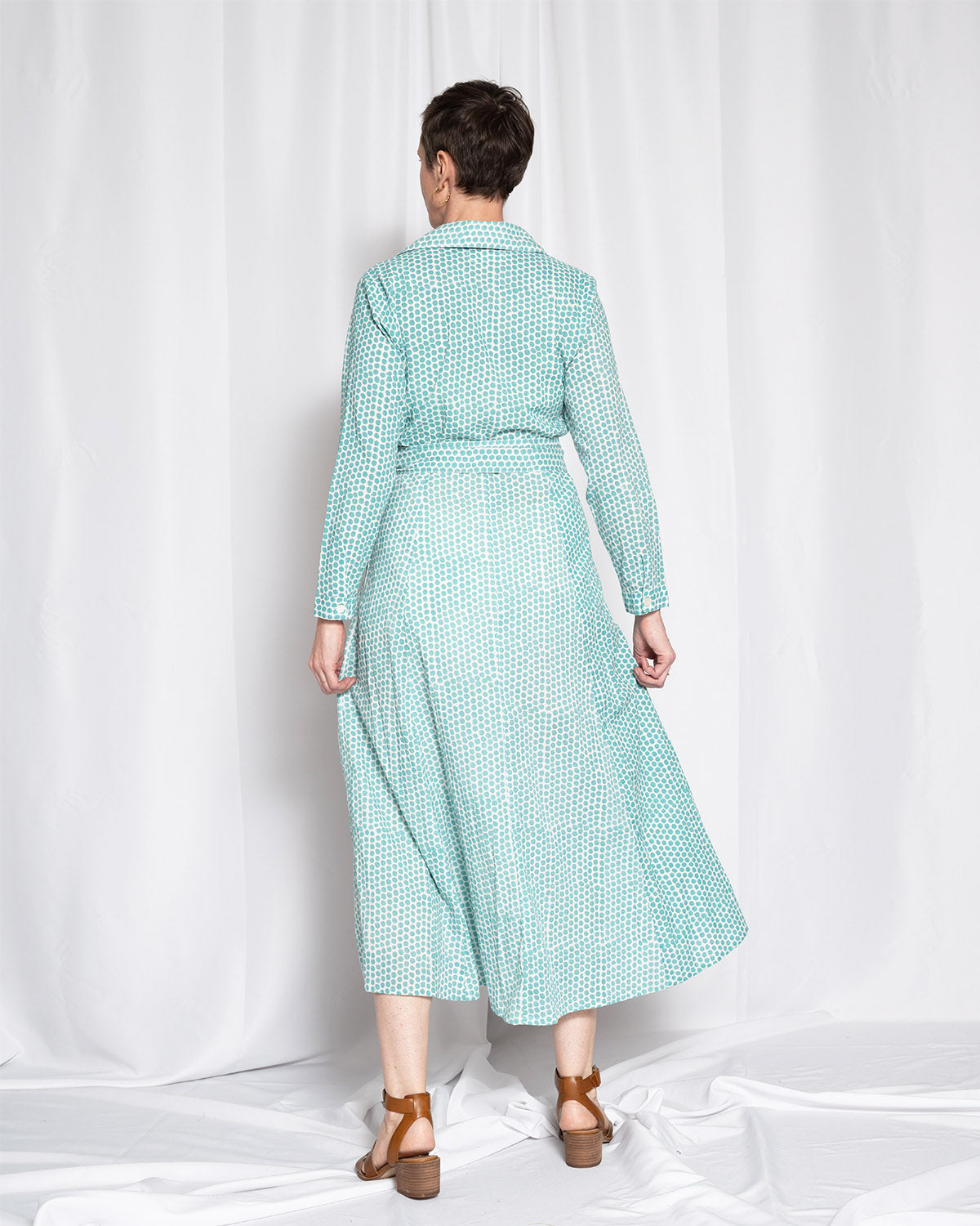 Elena Long Sleeve Shirt Dress - Teal Dot