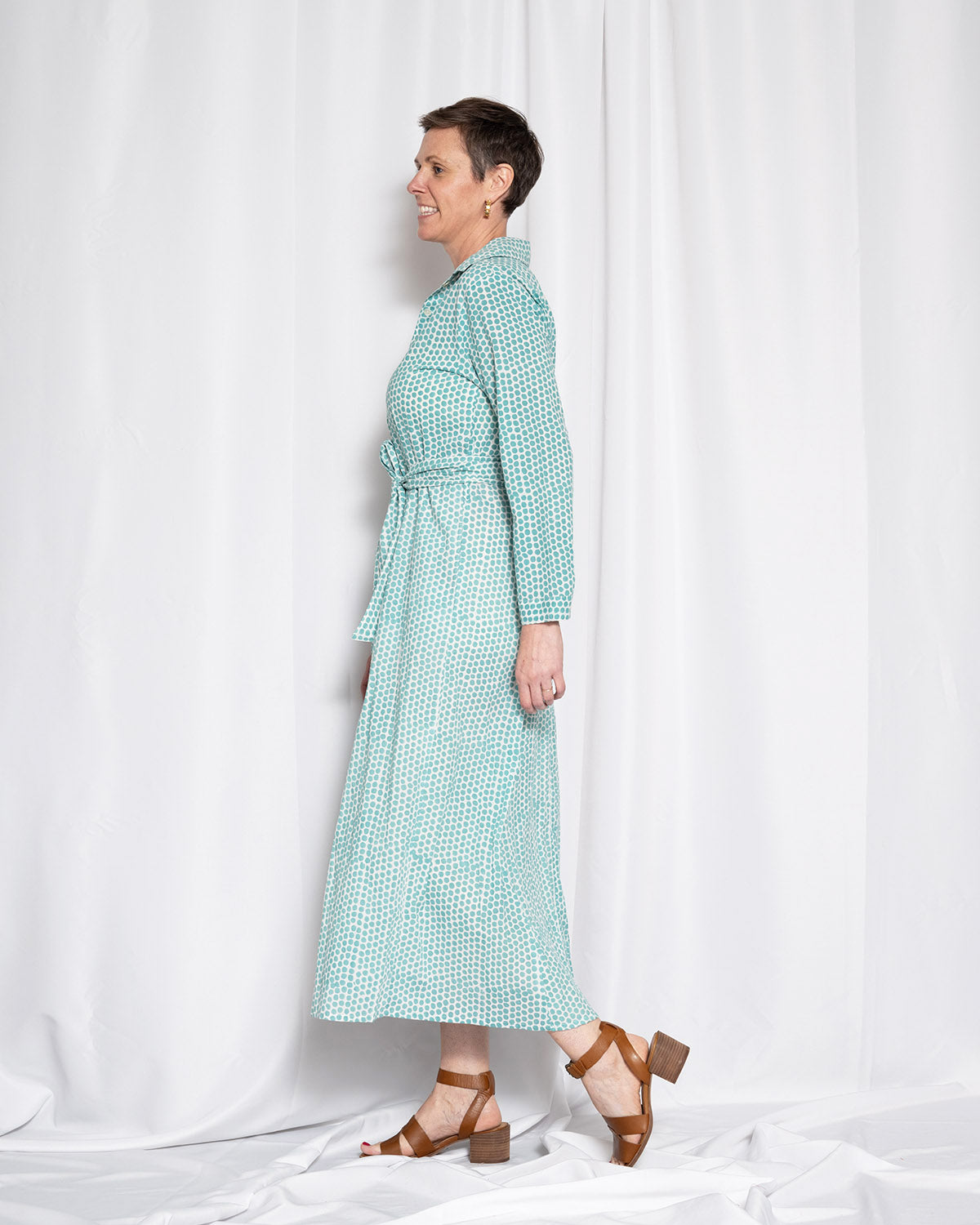 Elena Long Sleeve Shirt Dress - Teal Dot