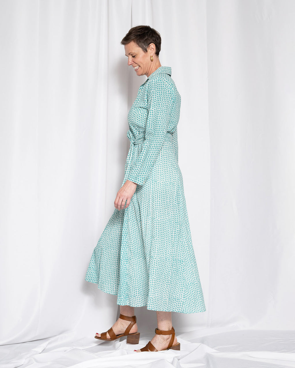 Elena Long Sleeve Shirt Dress - Teal Dot