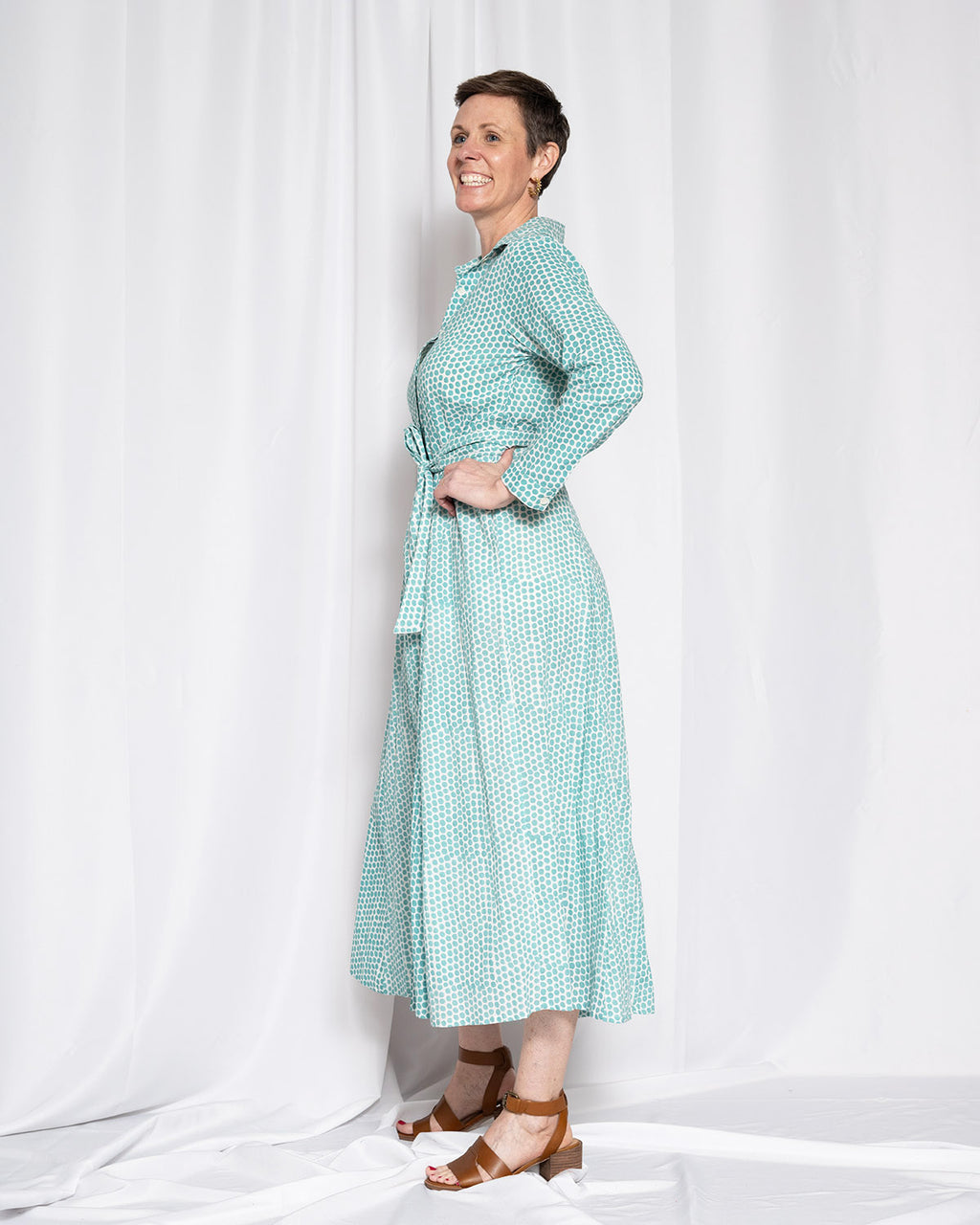 Elena Long Sleeve Shirt Dress - Teal Dot