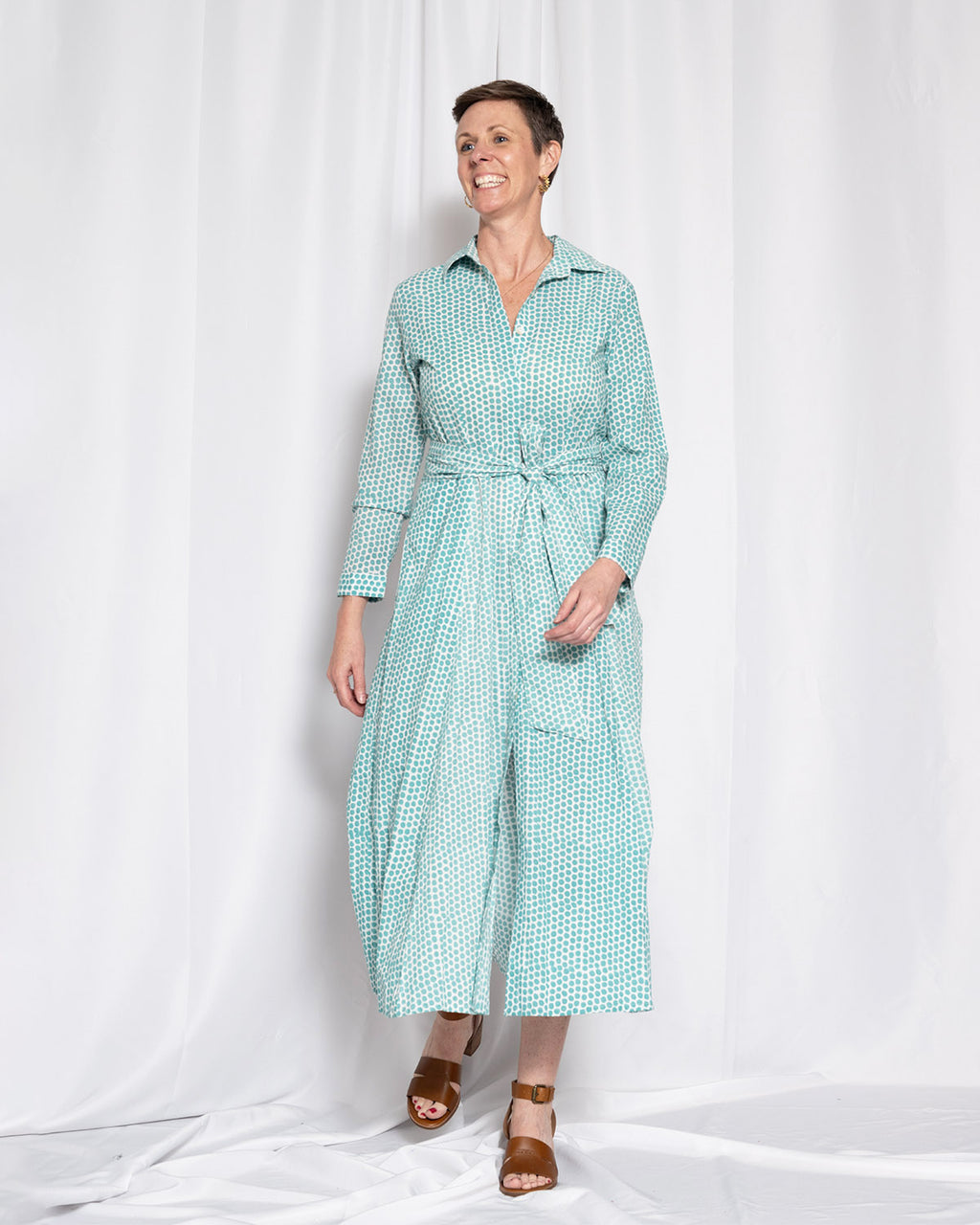 Elena Long Sleeve Shirt Dress - Teal Dot
