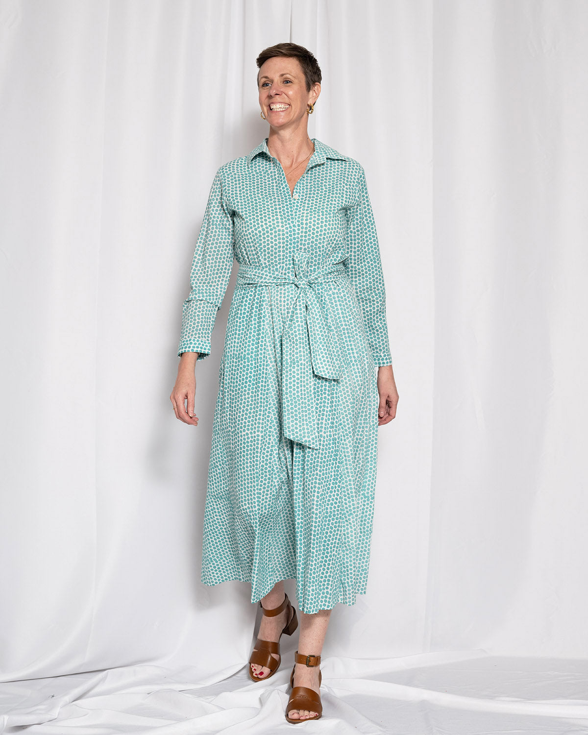 Elena Long Sleeve Shirt Dress - Teal Dot