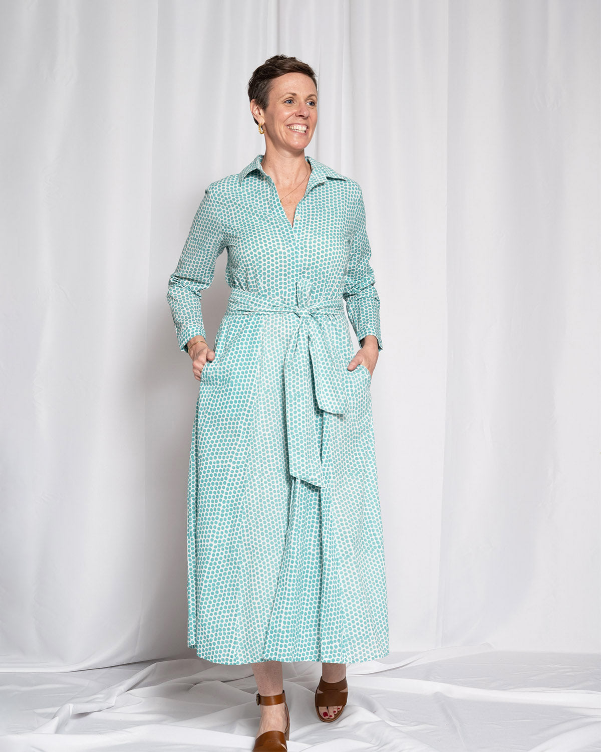 Elena Long Sleeve Shirt Dress - Teal Dot