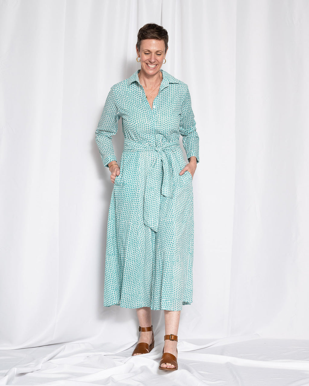 Elena Long Sleeve Shirt Dress - Teal Dot