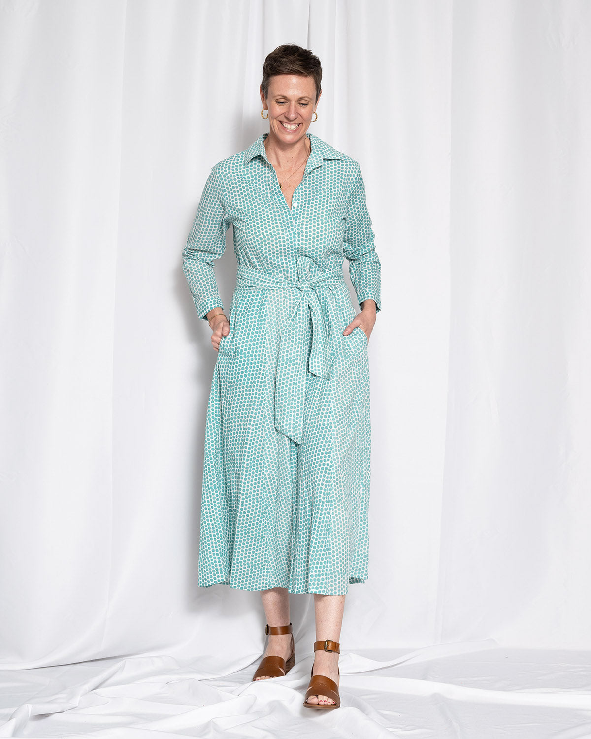 Elena Long Sleeve Shirt Dress - Teal Dot