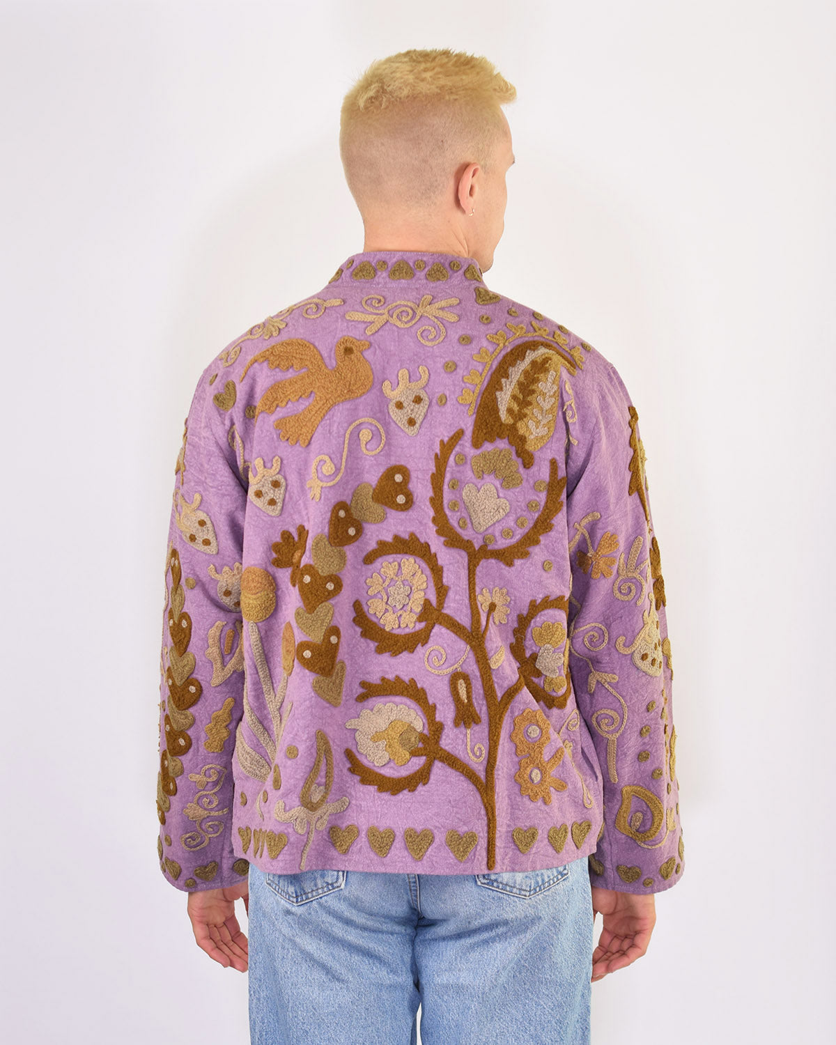 XL - Extended Sized - "Lovebirds" Suzani Embroidered Canvas Jacket/Cardigan - 14