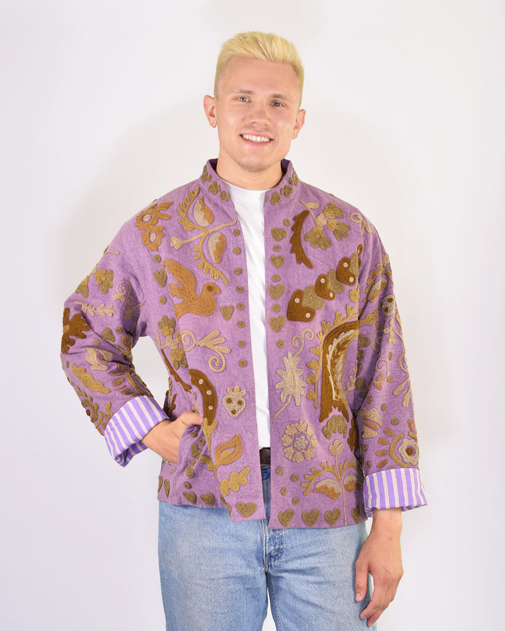 XL - Extended Sized - "Lovebirds" Suzani Embroidered Canvas Jacket/Cardigan - 14