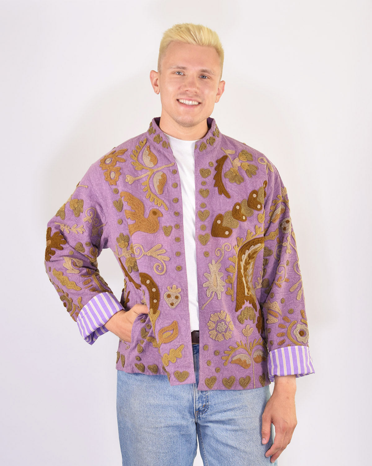 XL - Extended Sized - "Lovebirds" Suzani Embroidered Canvas Jacket/Cardigan - 14
