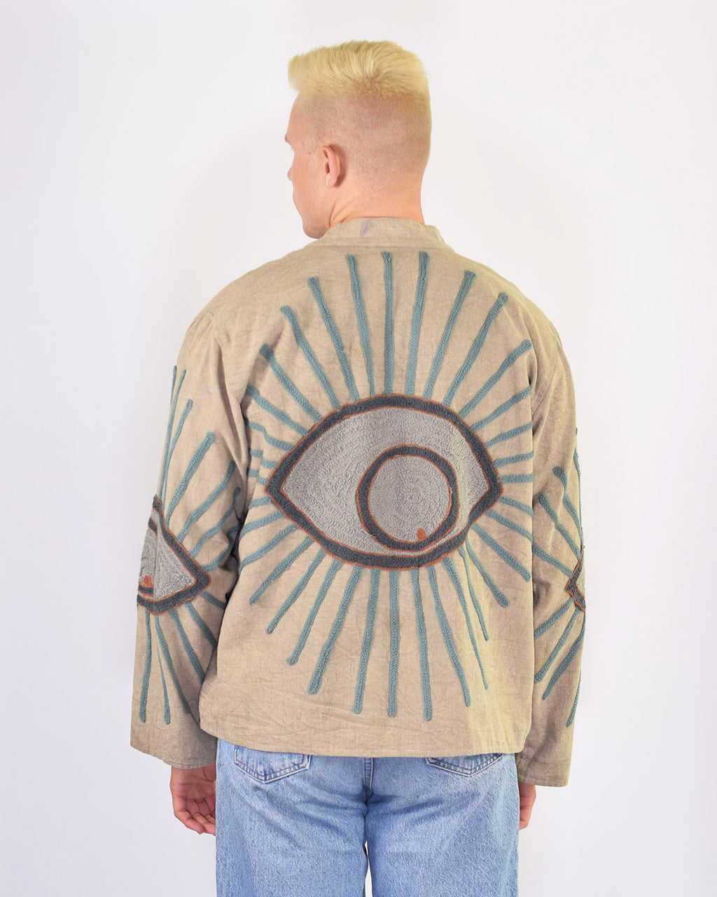 XL - Extended Sized - "Evil Eye" Suzani Embroidered Canvas Jacket/Cardigan -08