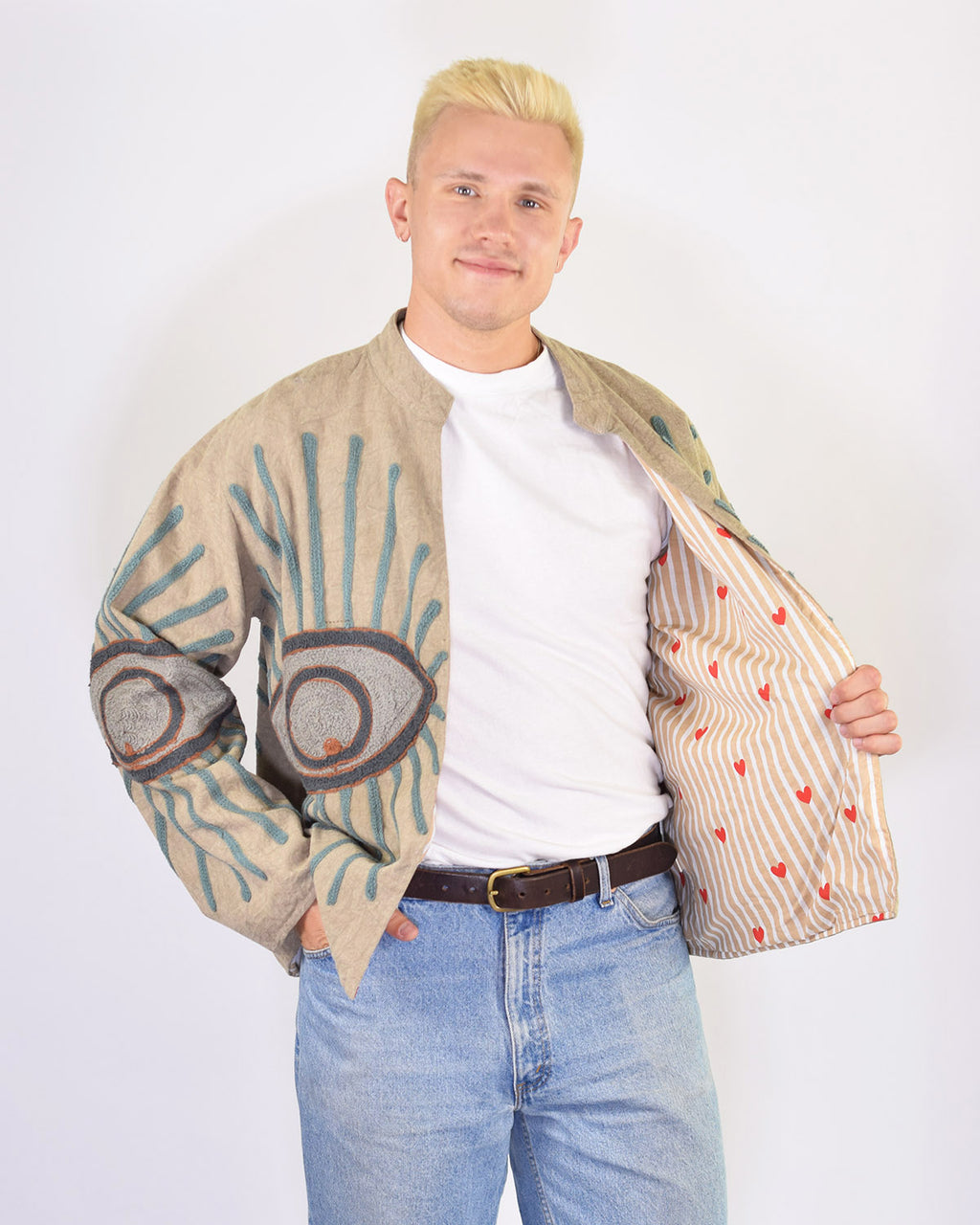 XL - Extended Sized - "Evil Eye" Suzani Embroidered Canvas Jacket/Cardigan -08