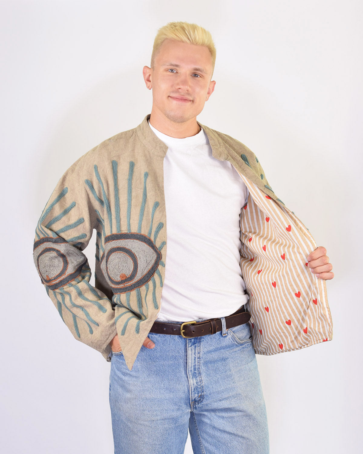 XL - Extended Sized - "Evil Eye" Suzani Embroidered Canvas Jacket/Cardigan -08
