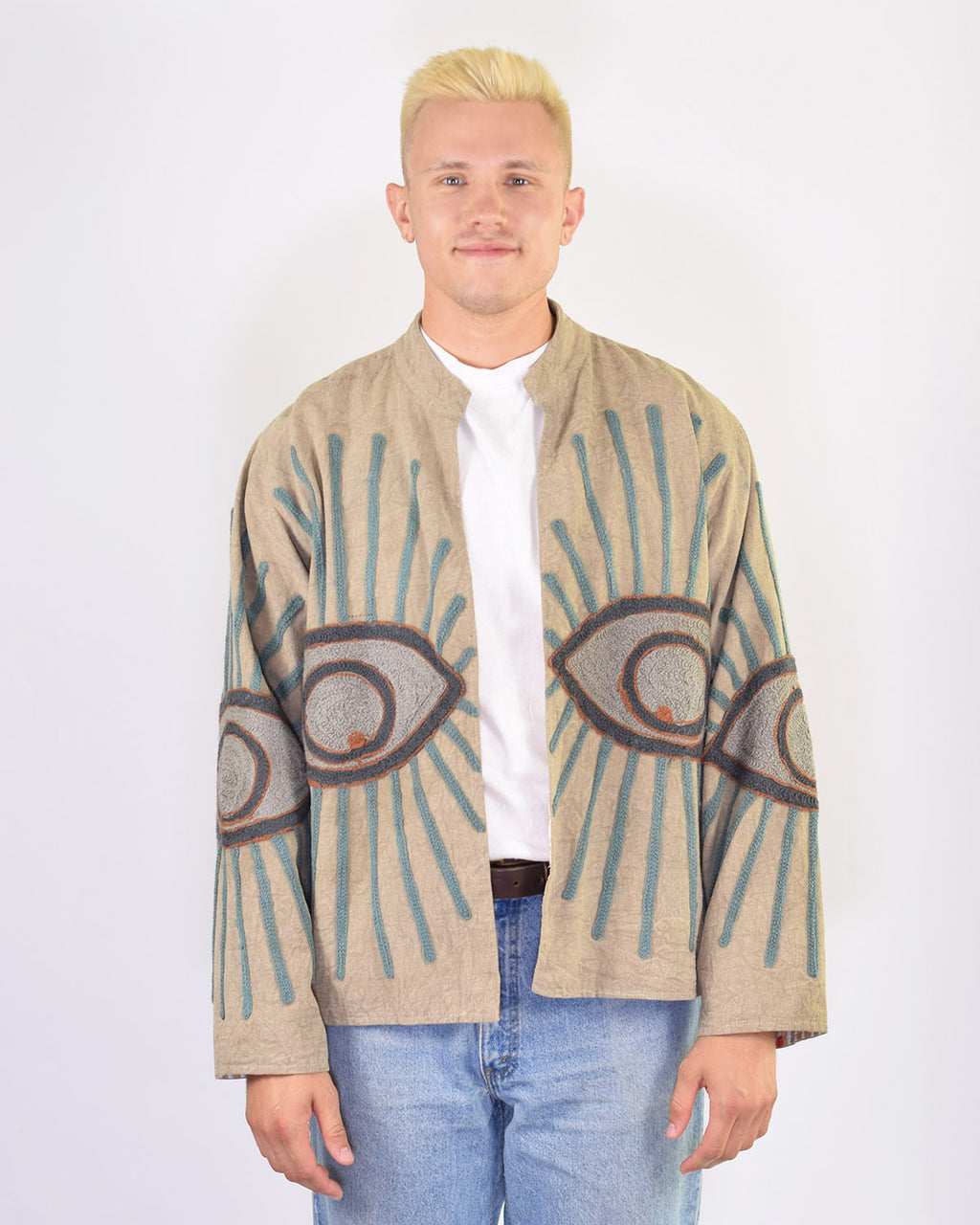 XL - Extended Sized - "Evil Eye" Suzani Embroidered Canvas Jacket/Cardigan -08