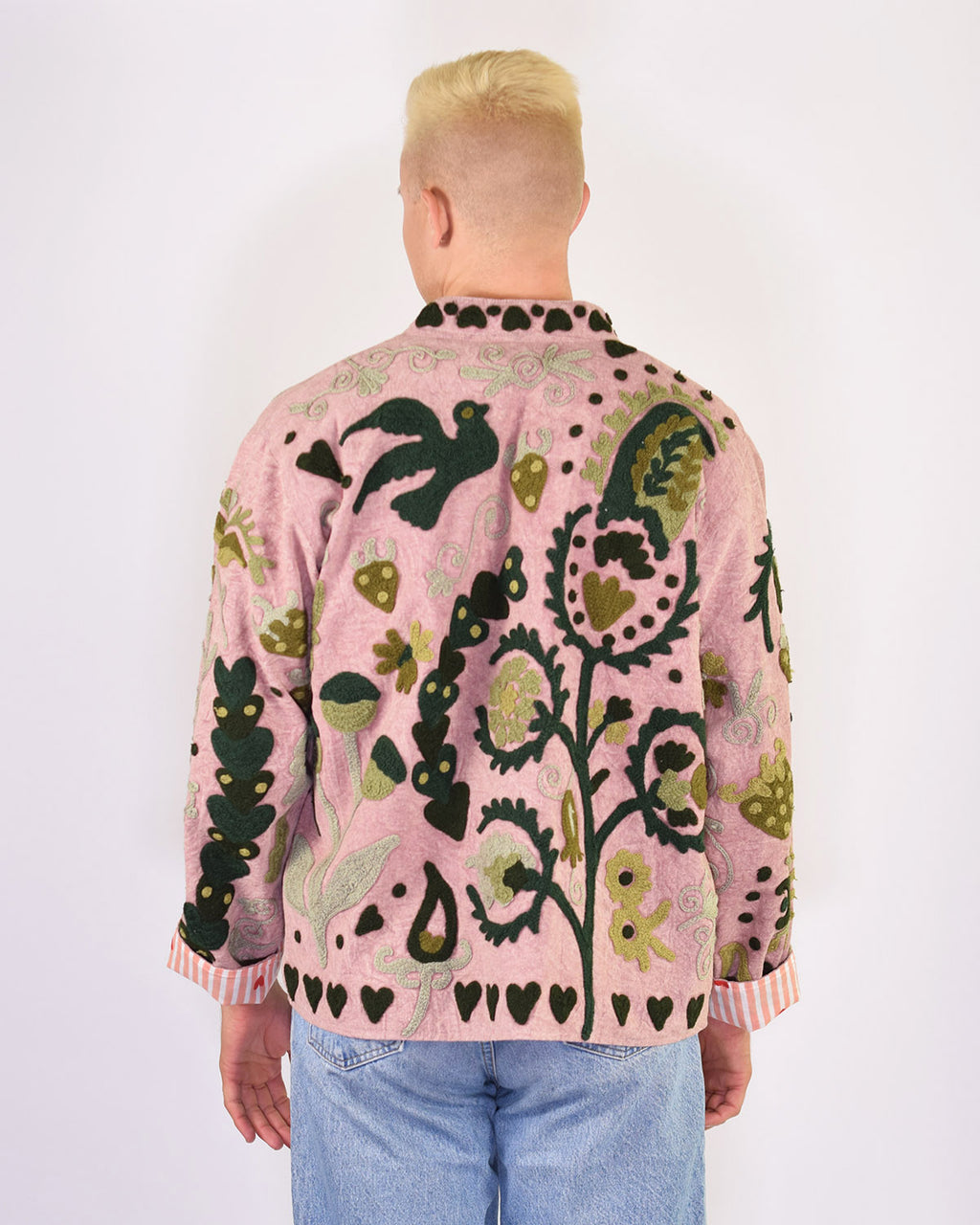 XL - Extended Sized - "Lovebirds" Suzani Embroidered Canvas Jacket/Cardigan - 12