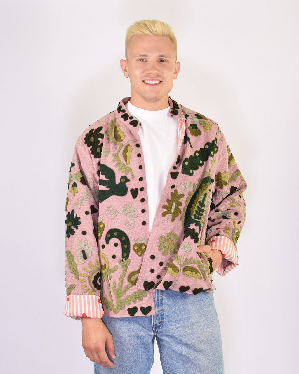 XL - Extended Sized - "Lovebirds" Suzani Embroidered Canvas Jacket/Cardigan - 12