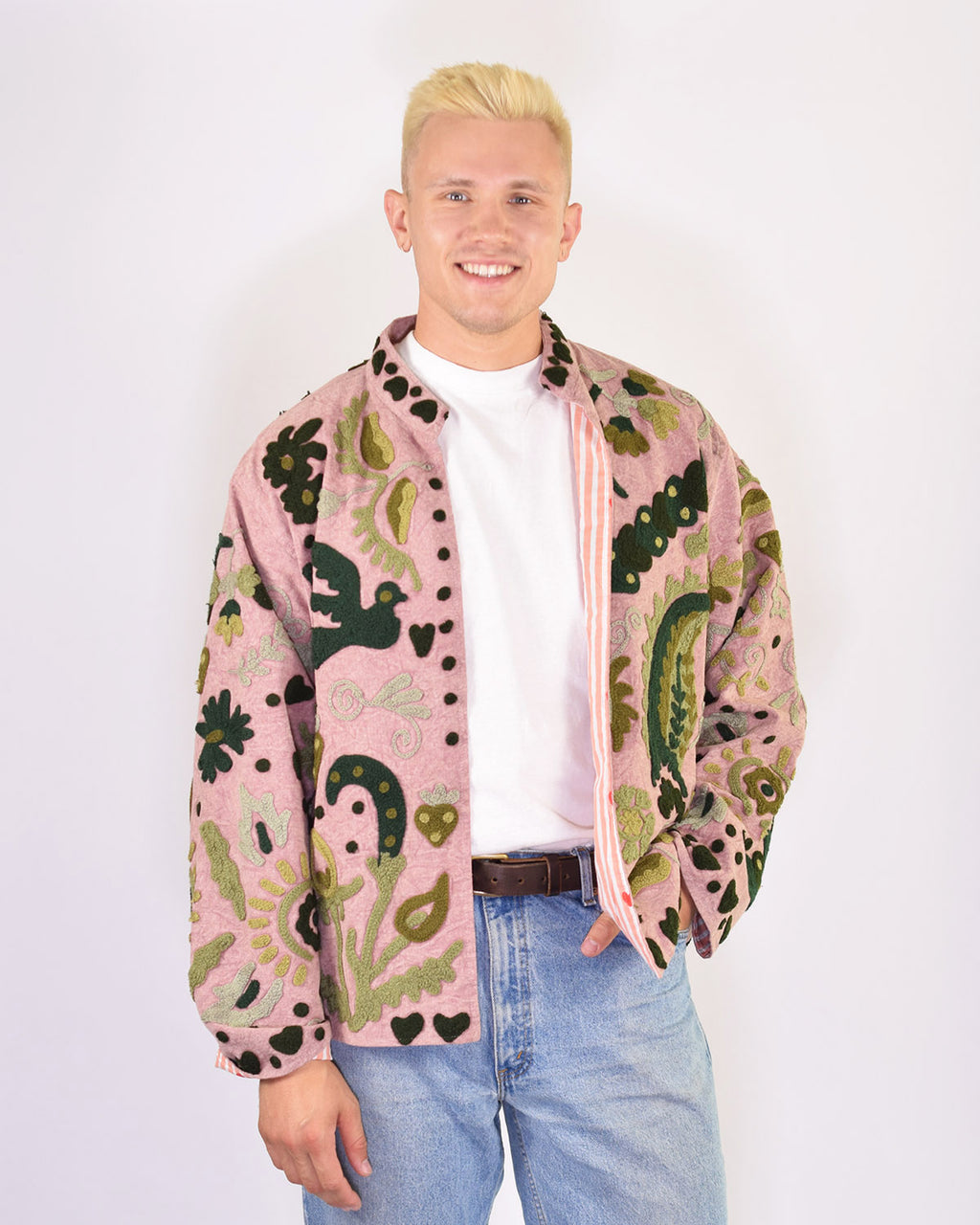 XL - Extended Sized - "Lovebirds" Suzani Embroidered Canvas Jacket/Cardigan - 12