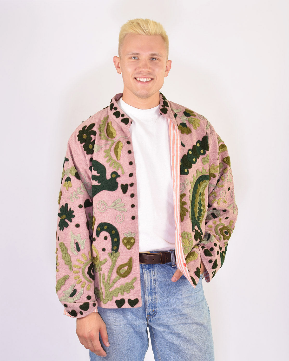 XL - Extended Sized - "Lovebirds" Suzani Embroidered Canvas Jacket/Cardigan - 12