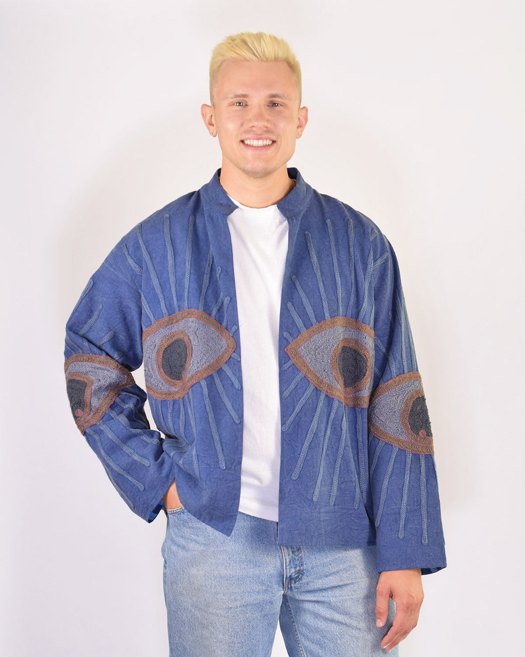 XL - Extended Sized - "Evil Eye" Suzani Embroidered Canvas Jacket/Cardigan -09