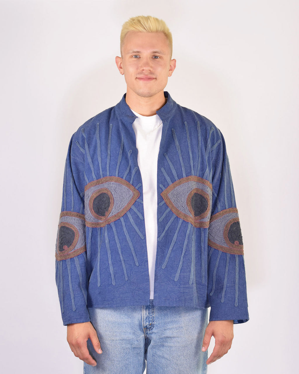 XL - Extended Sized - "Evil Eye" Suzani Embroidered Canvas Jacket/Cardigan -09