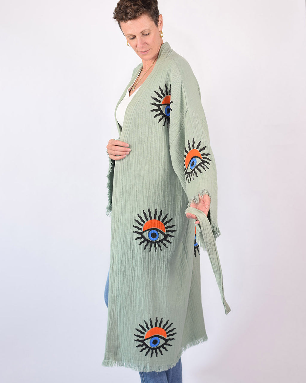 Luxury Turkish Cotton Kimono/Robe - Extended Size Fit - Sage Sunrise