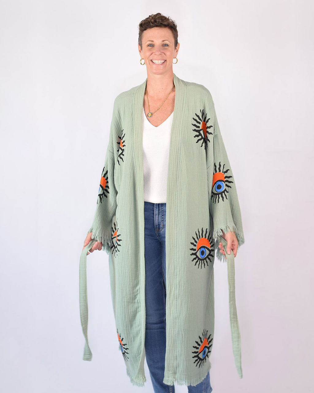 Luxury Turkish Cotton Kimono/Robe - Extended Size Fit - Sage Sunrise
