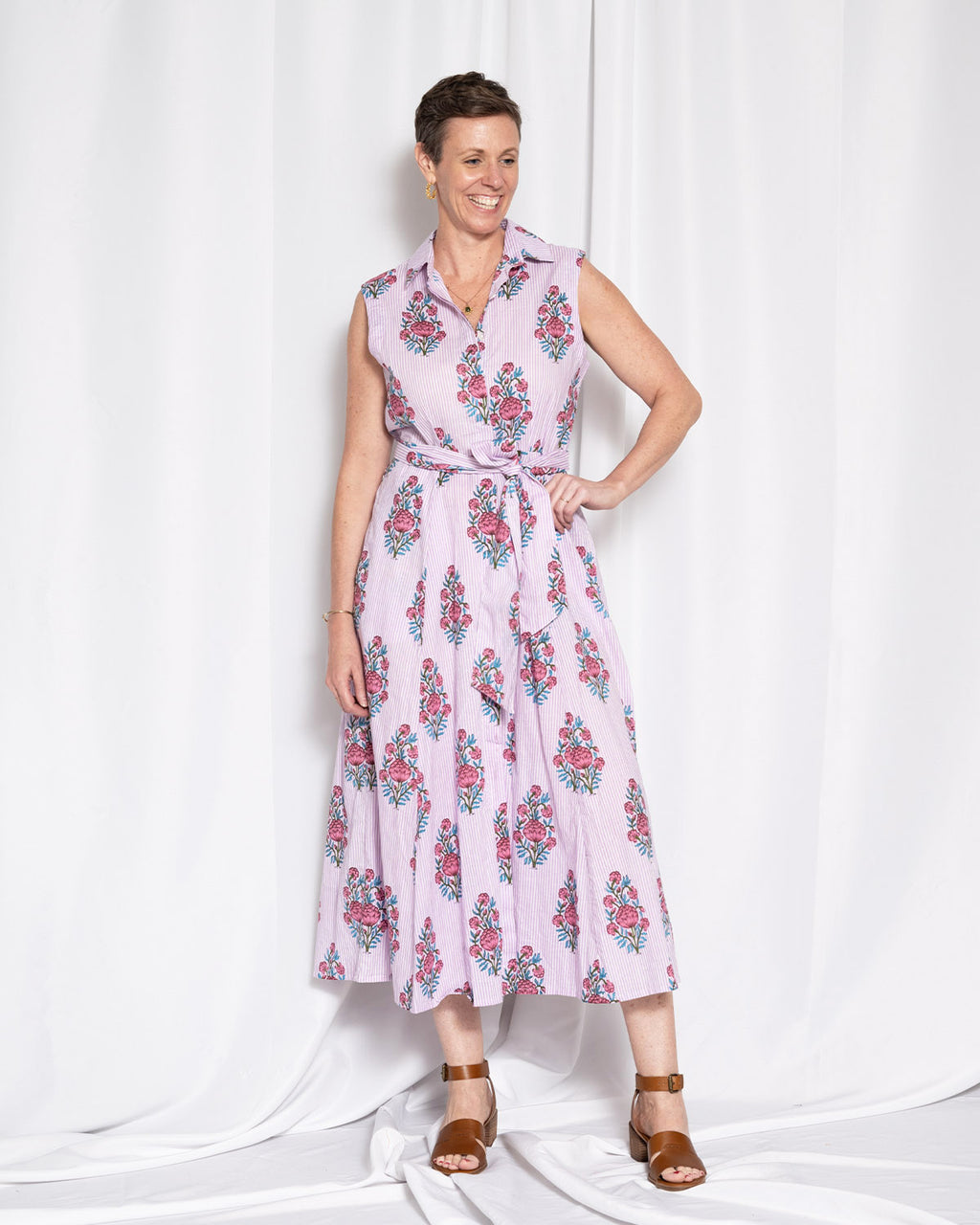 Isabella Sleeveless Shirt Dress - Lavender Picnic