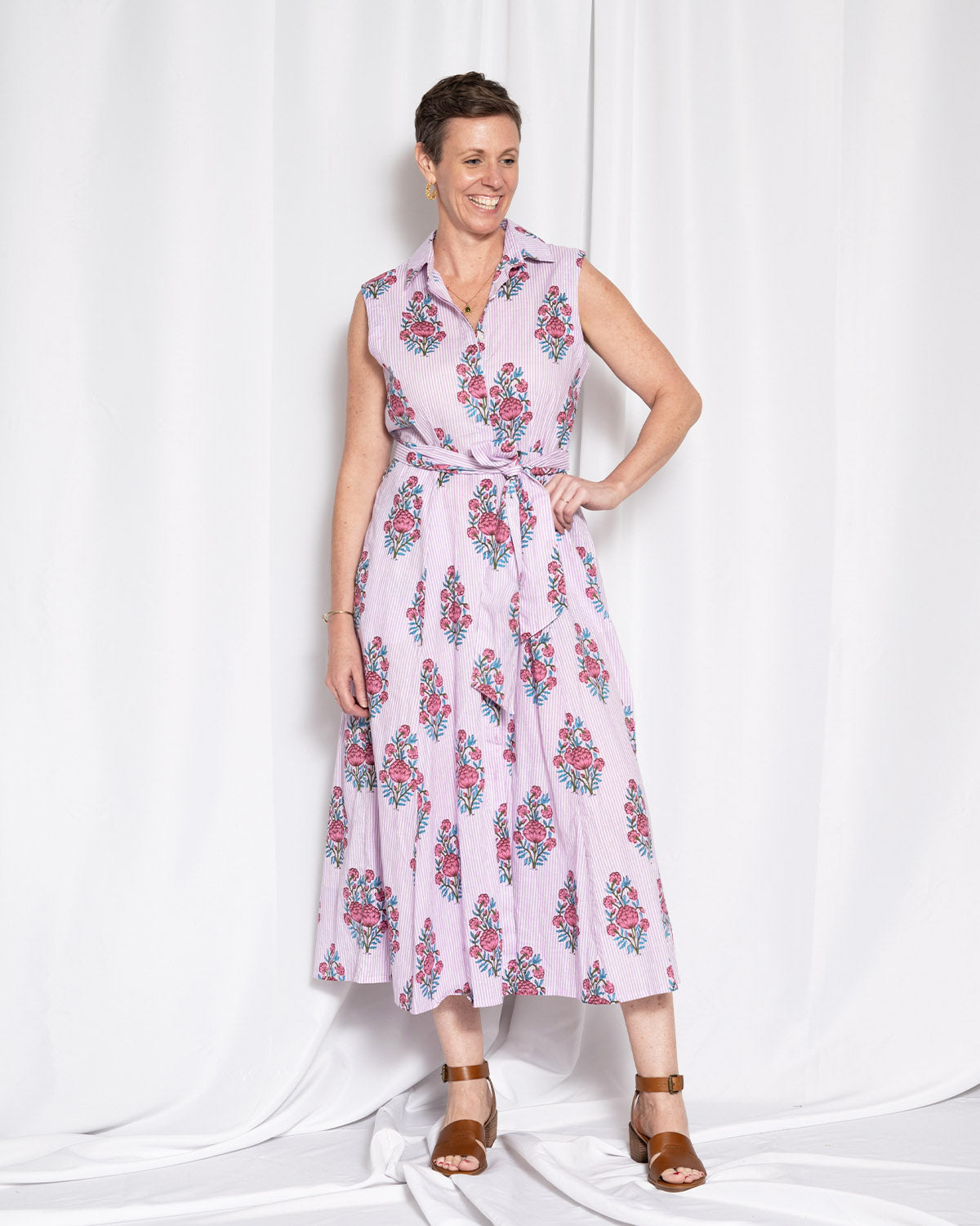 Isabella Sleeveless Shirt Dress - Lavender Picnic