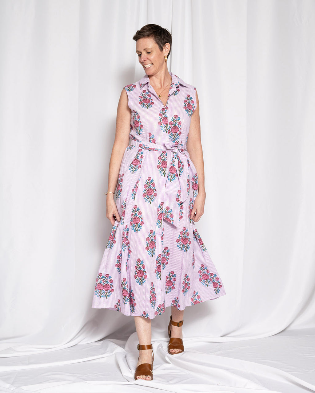 Isabella Sleeveless Shirt Dress - Lavender Picnic