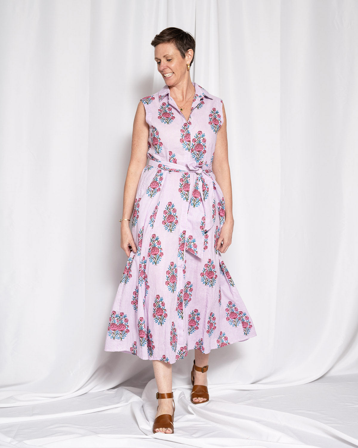 Isabella Sleeveless Shirt Dress - Lavender Picnic