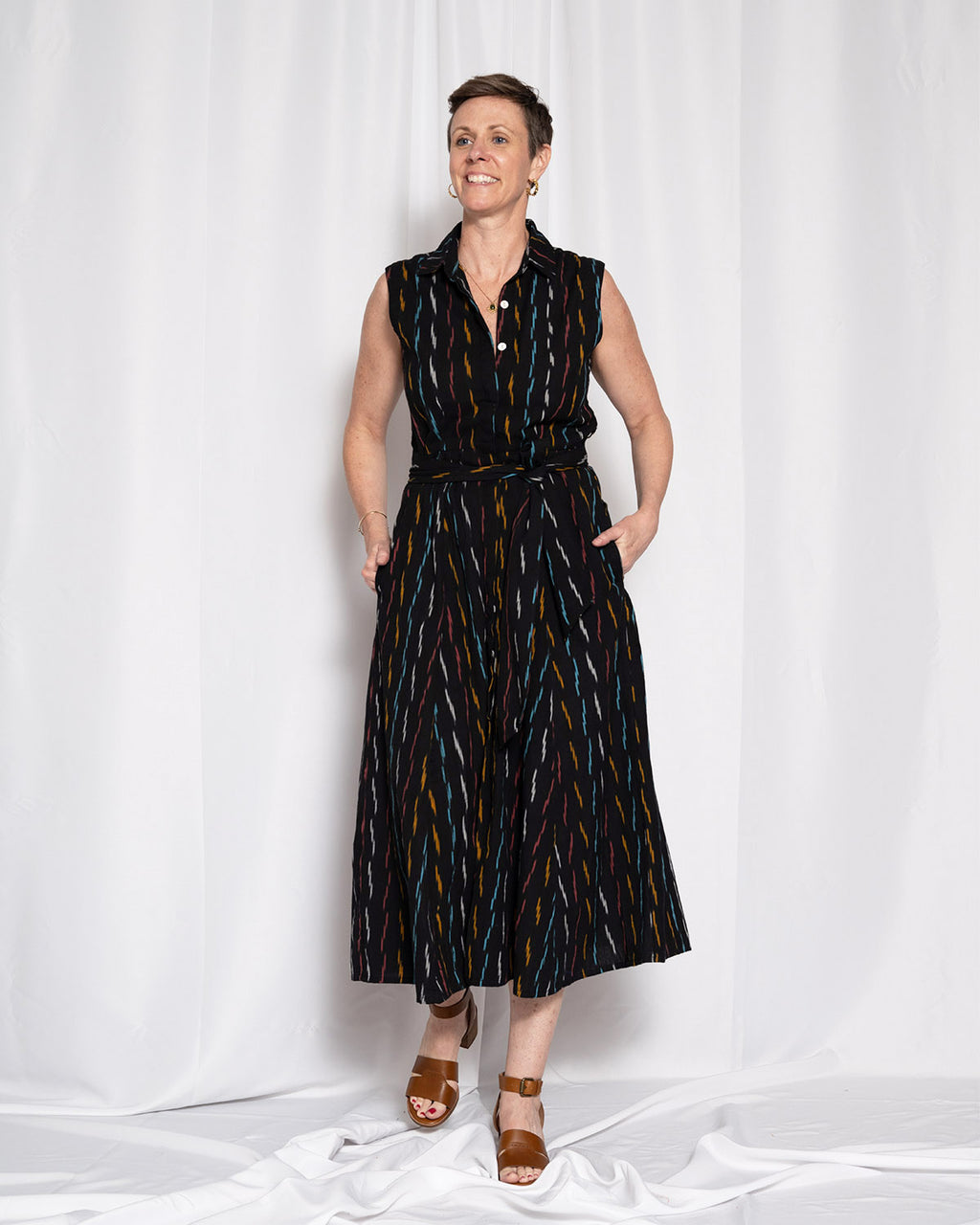 Isabella Sleeveless Shirt Dress - Midnight Ikat