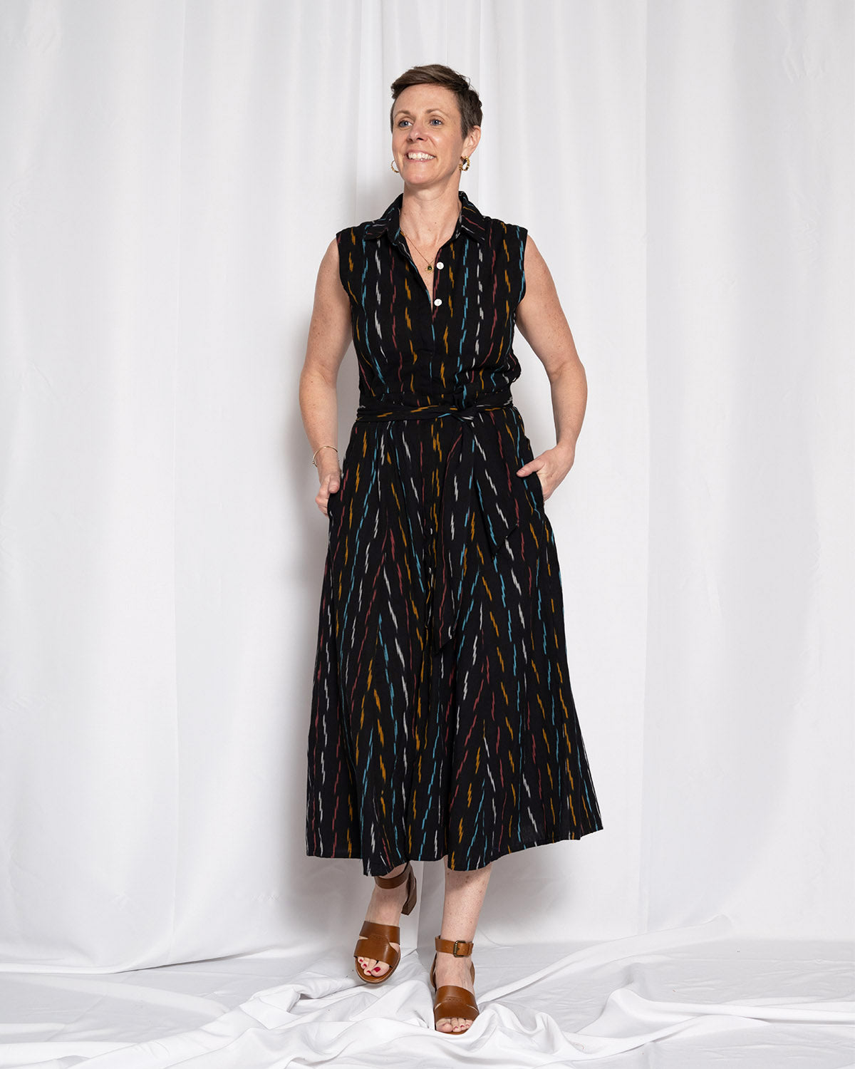 Isabella Sleeveless Shirt Dress - Midnight Ikat