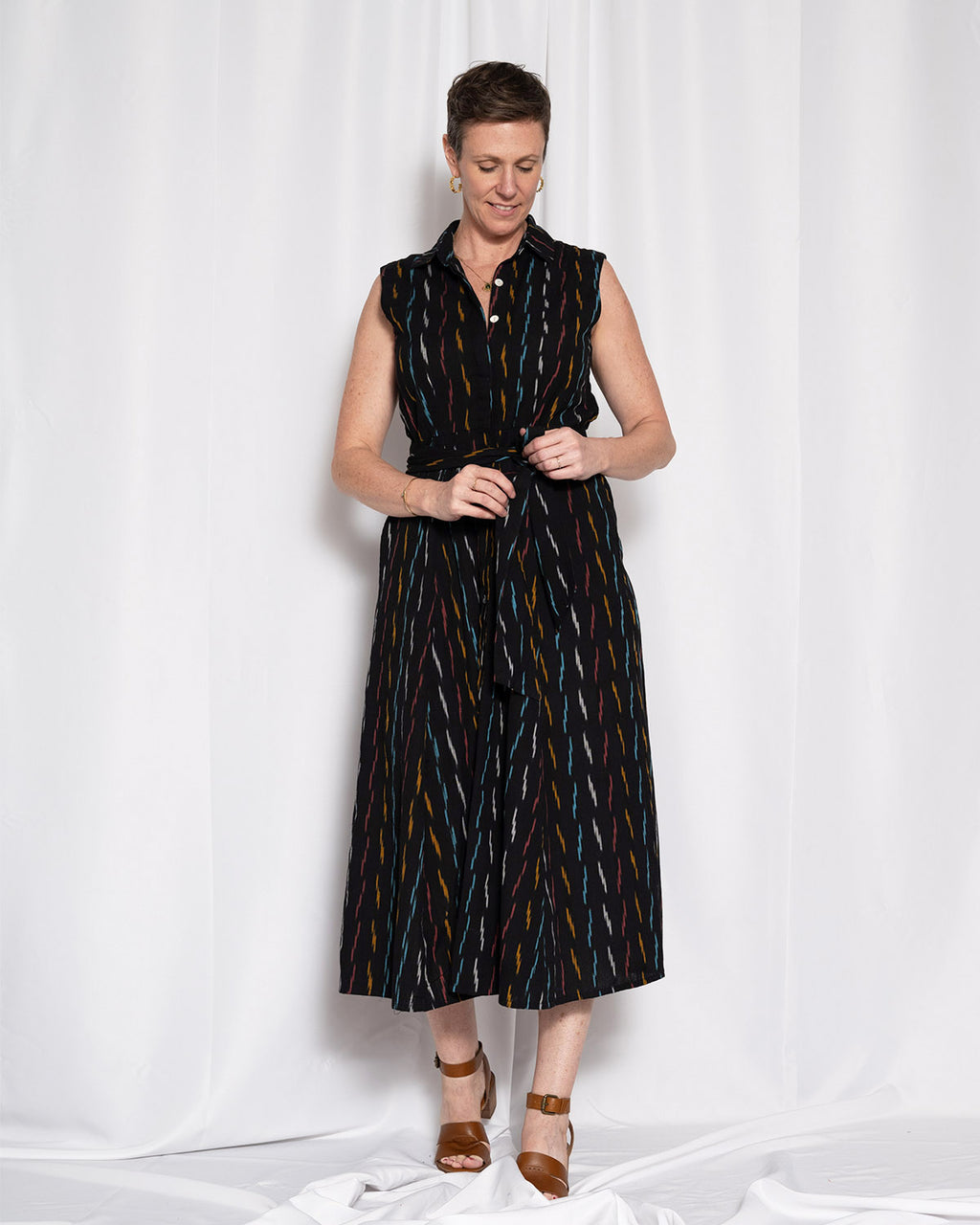 Isabella Sleeveless Shirt Dress - Midnight Ikat