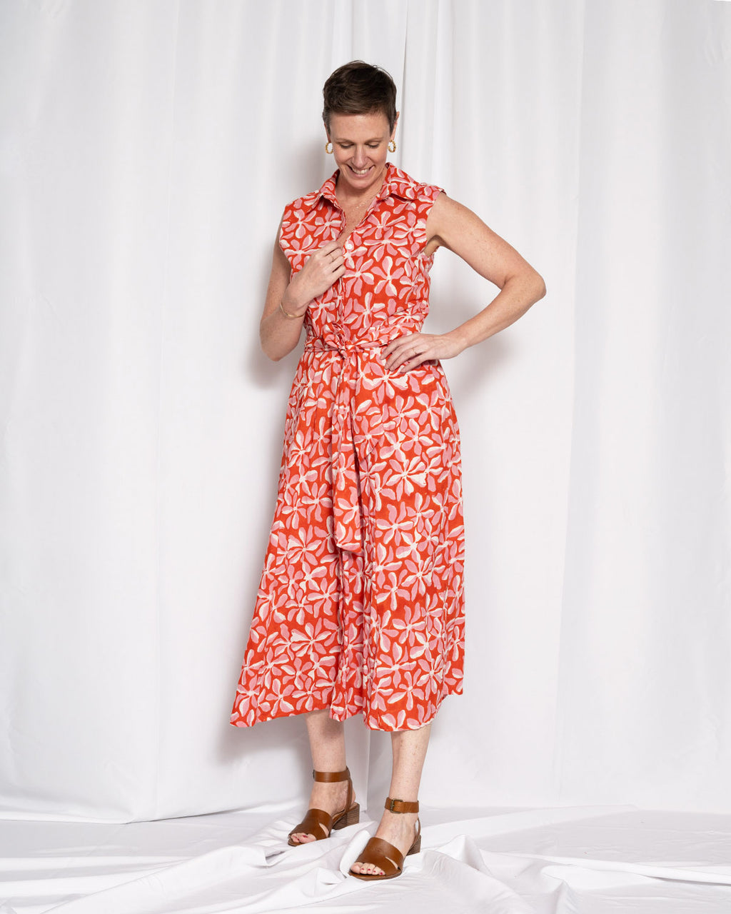 Isabella Sleeveless Shirt Dress - Papaya Bloom
