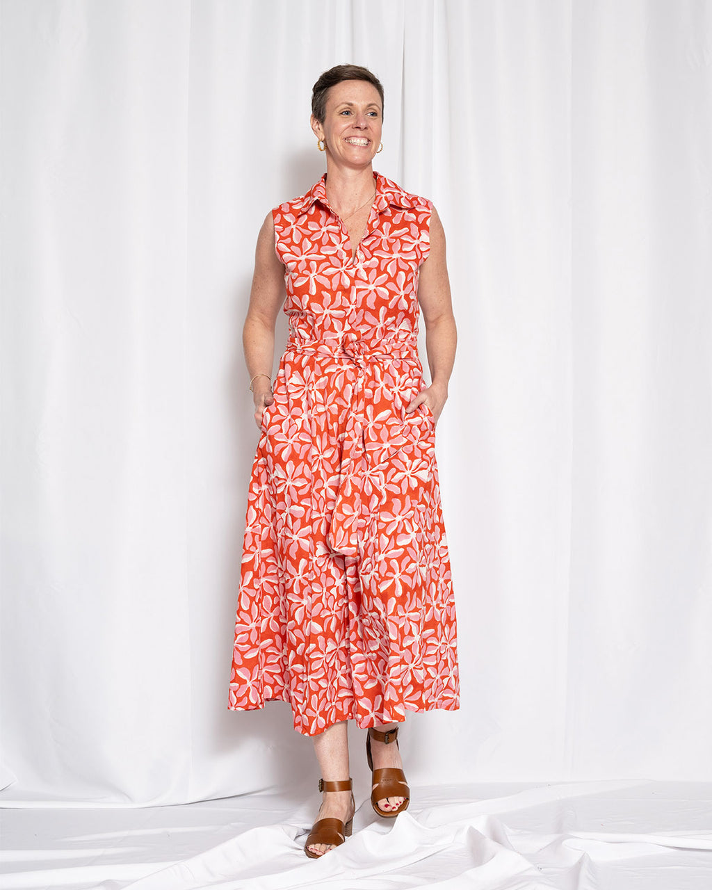 Isabella Sleeveless Shirt Dress - Papaya Bloom