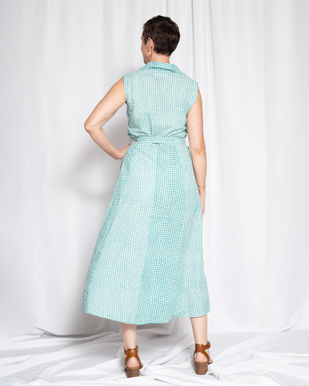 Isabella Sleeveless Shirt Dress - Teal Dot